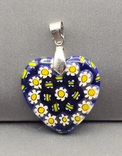 Murano Style Millefiori Heart Pendant 1.5" White Daisy Mosaic 18k GP Bail