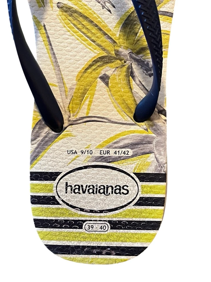 Chanclas Havaianas Delgadas Floral Palma Negro Amarillo Ducha Piscina Verano EE. UU. 9/10 Foto 3 de 4