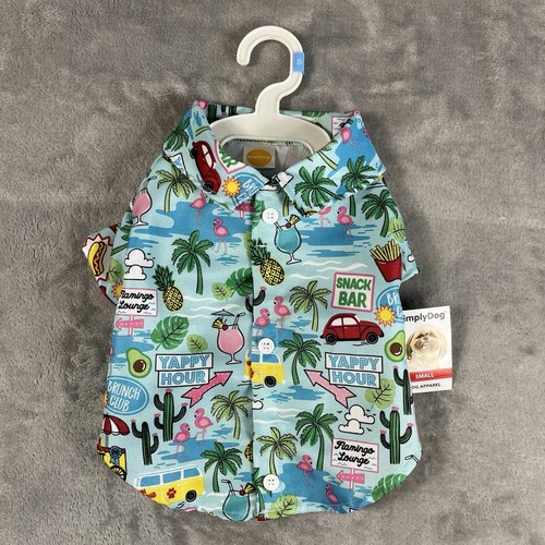 Dog Hawaiin Shirt Size S Button Closure Mostly blue beach scene VW Bus