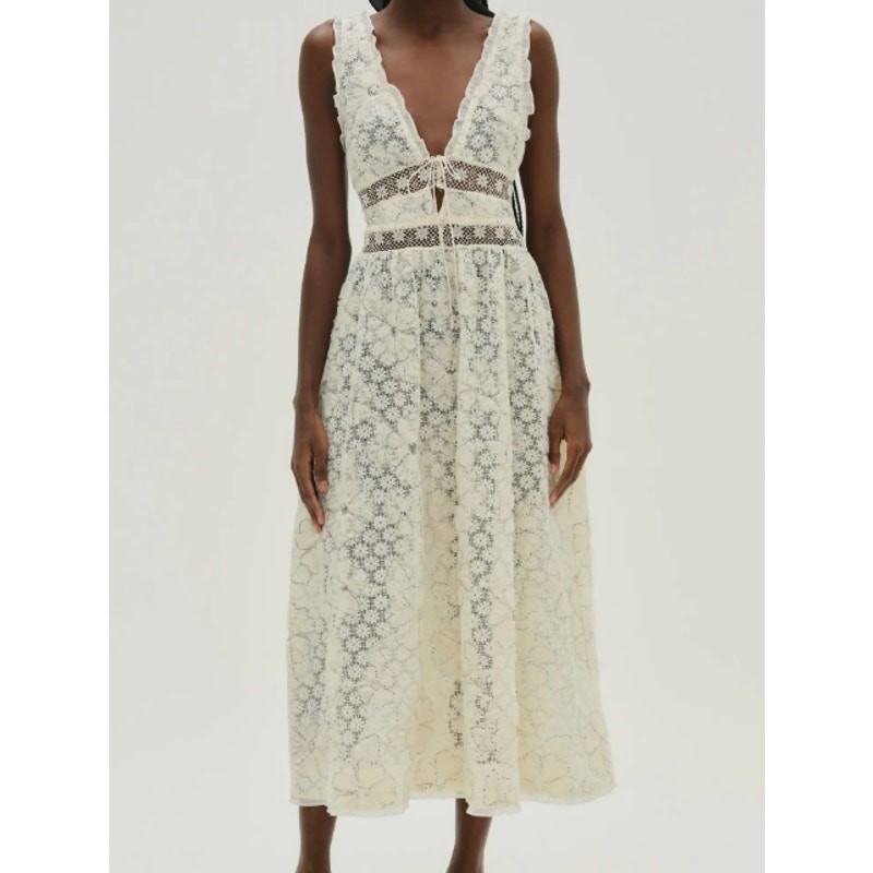 For Love & Lemons Cream Snowflake Daisy Lace & Sequin Mesh Midi Dress Medium