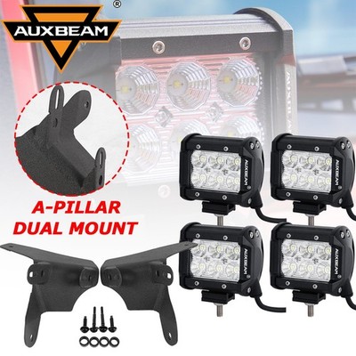 AUXBEAM 4'' LED Work Light Bar Flood Pods & Mount Bracket For Jeep Wrangler JL