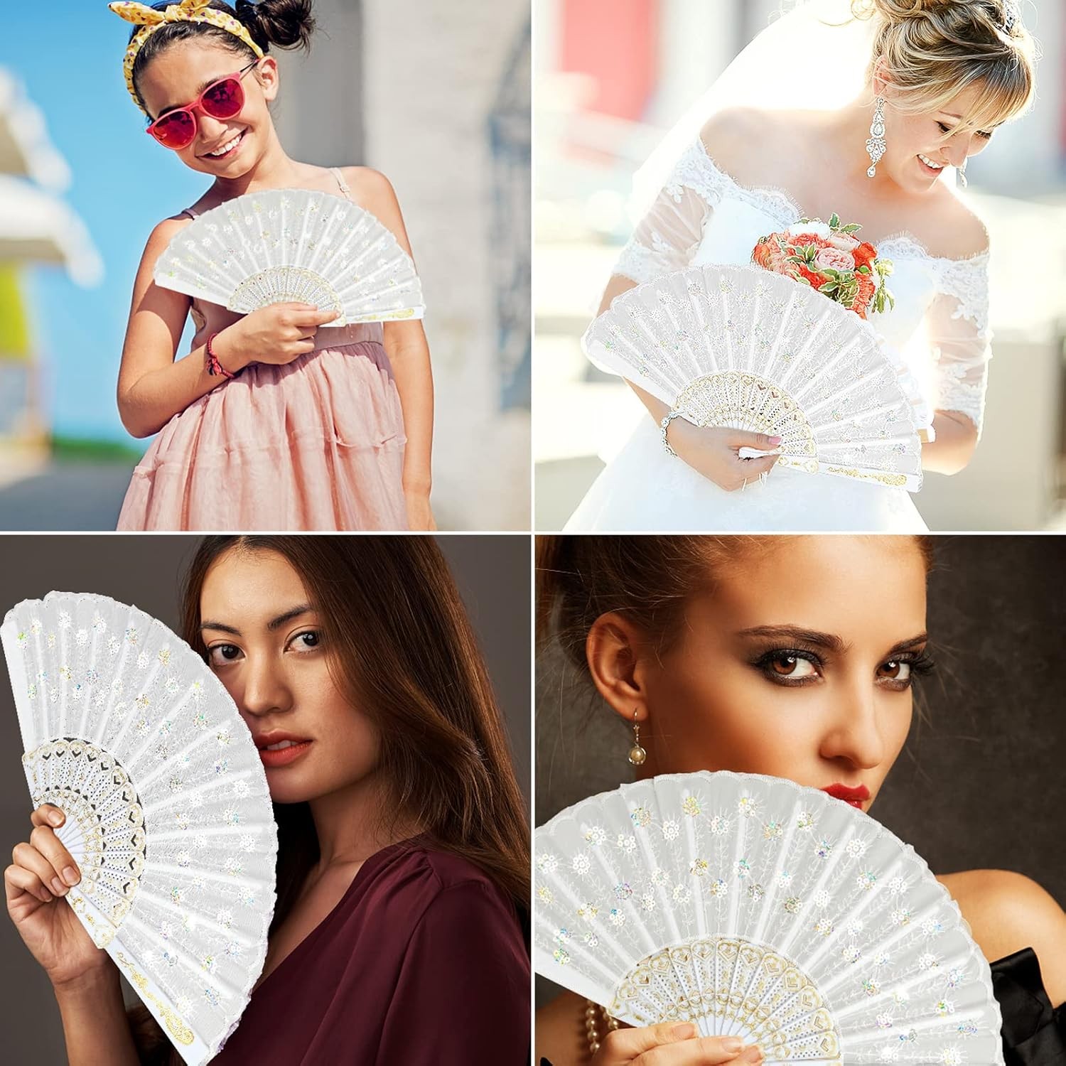 HKACSTHI 6 Packs White Spanish Floral Folding Hand Fan Women Lace 