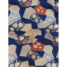 Vintage Japanese Brocade Fabric Gold Floral Geometric Kimono Style Blue Retro