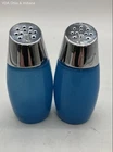 Gemco Blue Milk Glass Salt Pepper Shakers Set 2pc Chrome Lids Vintage