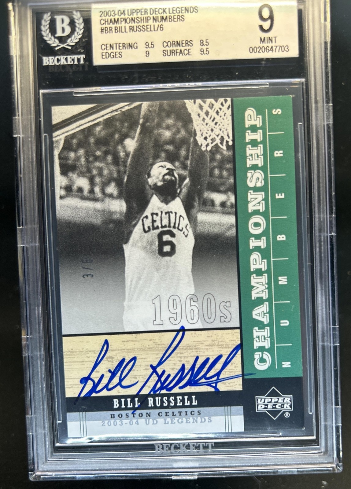 2003-04 Upper Deck Legends Bill Russell Championship Numbers Auto #/6 BGS 9