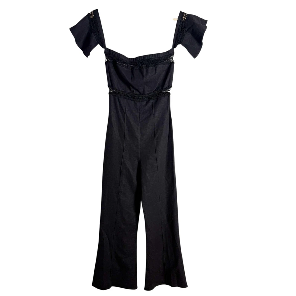 Stone Cold Fox Morrissey Linen Black Lace Crop Flare Leg Strapless Jumpsuit 2  - Image 2 of 4