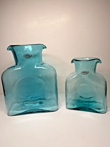 Blenko Glass 384 Water Bottle Set 2 Vintage Double Spout 2017 Seaspray