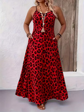 PLUS SIZE RED LEOPARD MAXI CAMI DRESS • STRAPLESS • POCKETS • 2XL 3XL 4XL