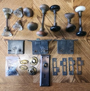 Antique Glass Ceramic & Brass Door Knobs And Parts