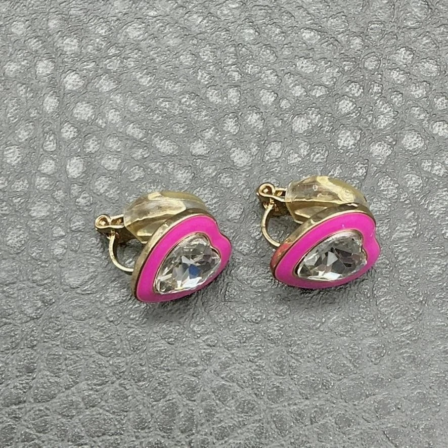 Pendientes de clip de corazón esmaltado con barra de chuchería tono dorado cristal bisutería retro Foto 4 de 4