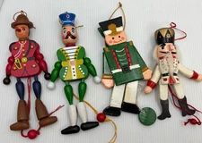 Set Of 4 Vtg  Christmas Pull String Jumping Jack Toy Soldier Wood Ornament, 8”