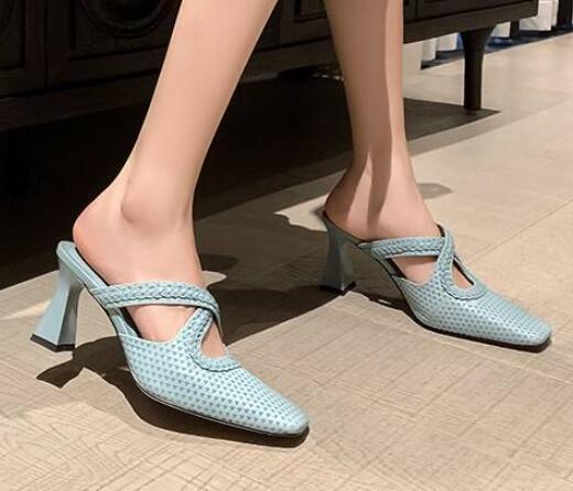 Fashion Women's Square Toe Block Heels Slipper Summer Leather Party Shoes