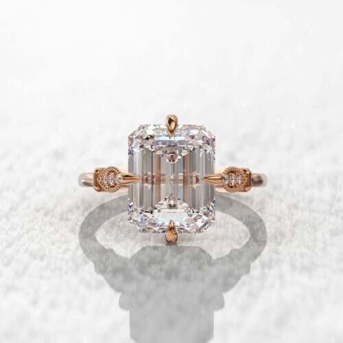 2Ct Emerald Cut Moissanite Diamond Solitaire Wedding Ring 14K Rose Gold Plated - Picture 2 of 8