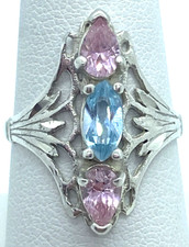 Sterling Silver / 925 Blue Topaz  Rose Quartz Intricate Ring - Size 7.75