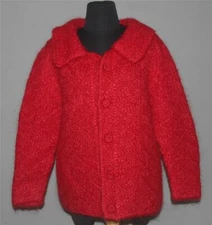 VTG Textured Thick Angora / Mohair Hip Length Red Cardigan Sweater Wms M/L Worn?
