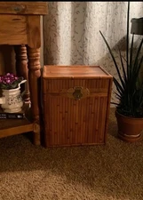 Classic Vintage Boho Chic Bamboo Rattan Chest Trunk Brass Handles