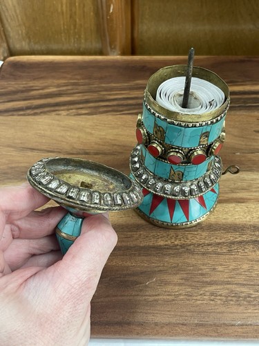Nepal Tibetan Buddhist Spinning Table Prayer Wheel Stand Copper Religious - Imagen 6 de 8