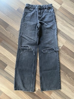 Jeans Hose Größe 34 Bershka 90s Wide Denim Damen Schwarz Used Look Löcher Knie ￼