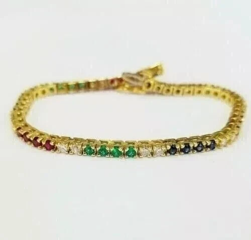8CT Round Cut Lab Created Ruby Emerald Tennis Bracelet 14K Yellow Gold Plated 7" - Image 4 of 4