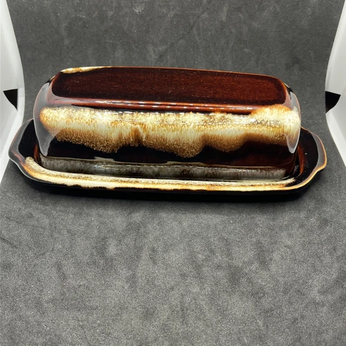 Vintage 1970s Pfaltzgraff Gourmet Brown Drip Glaze Butter Dish with Lid USA Made