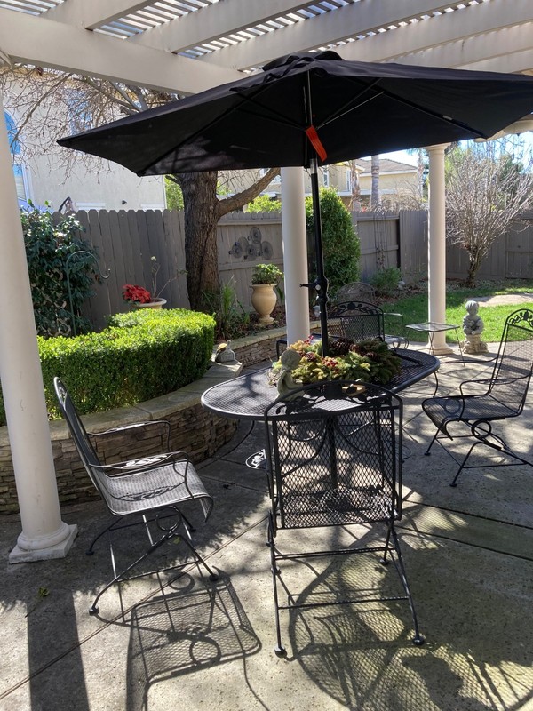 Wrought Iron Patio Set: 4 Coil-Spring Chairs Table (66 x 38) Umbrella & Cushions
