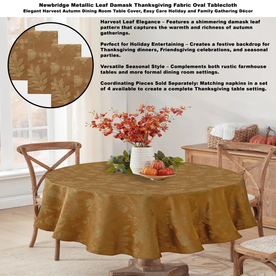 Mantel de tela damasco hoja de otoño metálico de acción de gracias, 60 x 84 pulgadas ovalado... Foto 2 de 4