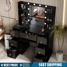 Dressing Table with LED Makeup Mirror and 7 Drawers  Crystal Pull Vanity Desk
