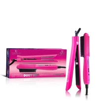 Duet Set - Platinum Heating Brush + Platinum Flat Iron - Hot Pink