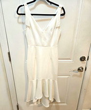 Lulus White V-Neck Sleeveless Ruffle Midi Fit & Flare Dress Zip Polyester S