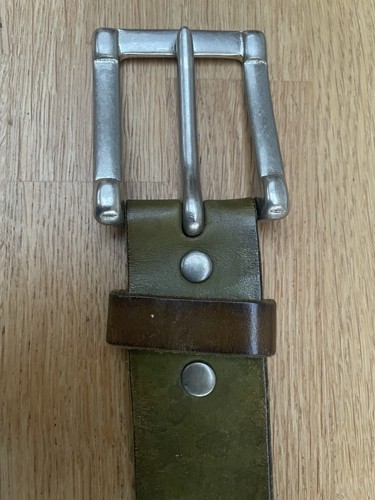 Wide Olive Green leather belt solid brass buckle. 34–36” but total length 43” - Picture 2 of 13