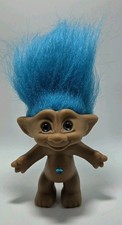 Vintage Ace Novelty Troll Doll Star Jewel Tummy Blue Hair Eyes ~4" (~8" W/Hair)