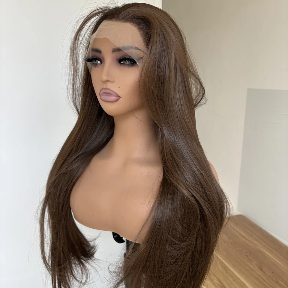 Термостойкий волос светло-коричневый предварительно выщипанный лобный кружевной парик длинный прямой мягкий - Изображение 2 из 4