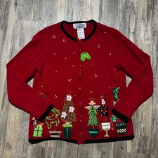 Tiara International Christmas Zip Cardigan Red Sweater Women  s M FLAW Vtg