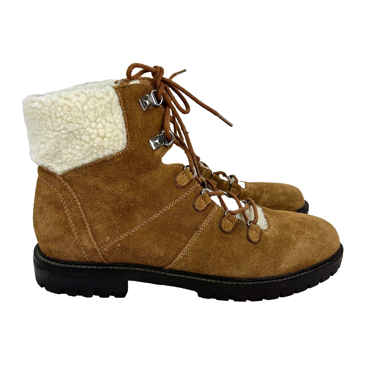 Marc Fisher LTD Izzie Suede Hiker Boots Tan Shearling Trim Lug Sole Mens 8.5M Marc Fisher Round Toe Suede Boots for Women for sale | eBay main image 2