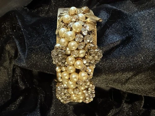 Early Signed MIRIAM HASKELL Gold Tone Floral Pearl Rhinestone Wide Cuff Bracelet