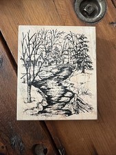 Northwoods Wood Rubber Stamp Scenic Creek Nature Landscape Forest Cottage