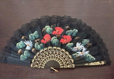 Hand-Painted Spanish Folding Fan Black Lace Floral, 9" Tall