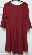 NIC & ZOE WOMEN'S SIZE MEDIUM BELL SLEEVE RED BLACK KNIT DRESS BEAD ACCENT