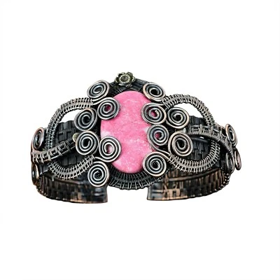 Thulite Gemstone Wire Wrapped Cuff Adjustable Bangle Copper Jewelry For Women - Image 1 of 4