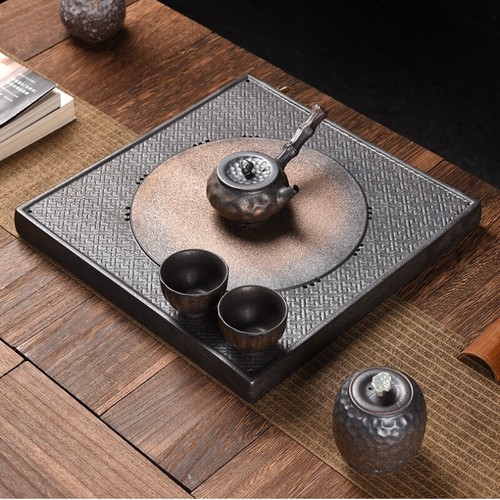 Square Tea Tray Ceramic Serving Tray Antique Style Water Draining Reservoir Tray - Picture 10 of 13