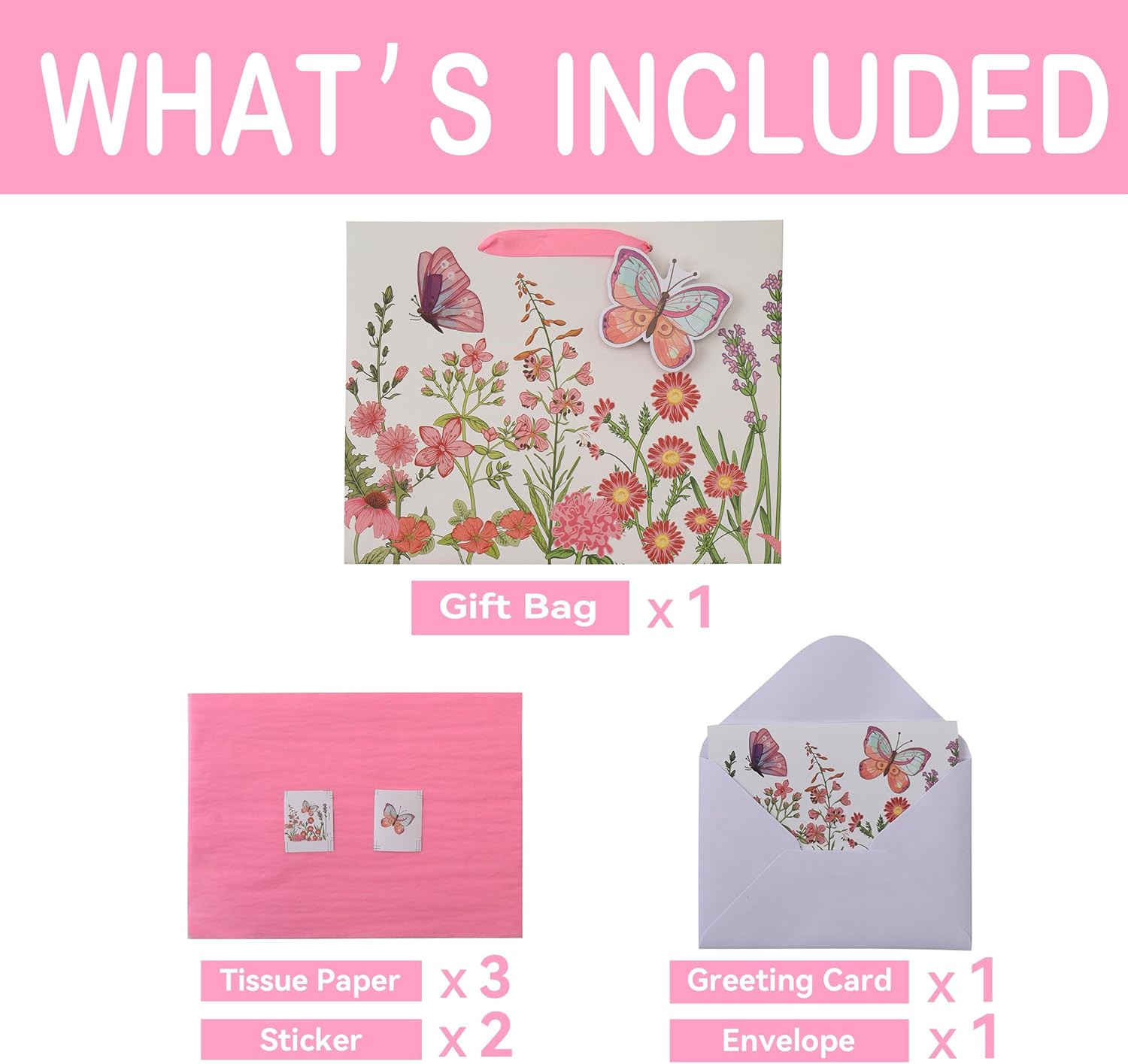 13" Large Pink Gift Bag Set with Greeting Card and Tissue Papers (3D Butterfly a