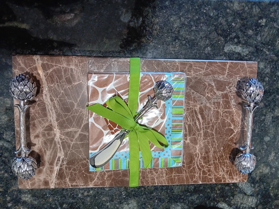 Mud Pie Marble Charcuterie cheese Board 2/ silver handles, spreader, napkins NEW - Image 2 of 4