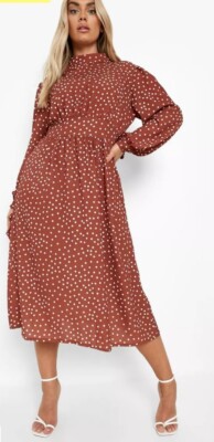 brown polka dot dress boohoo Brown Polka Dot Balloon Sleeve Anya Midi Dress