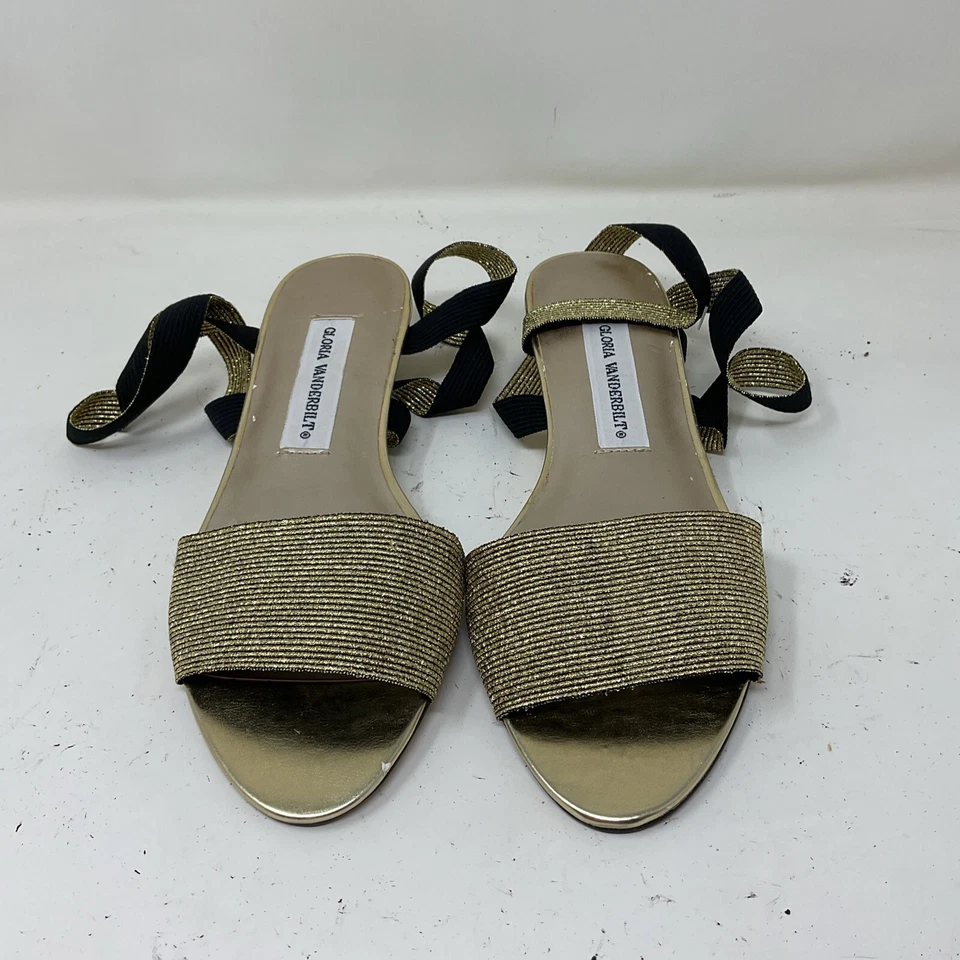 Vintage 80s 90s Gloria Vanderbilt Ankle Wedge Gold Espadrille Sandals Evening 8 - Image 4 of 4