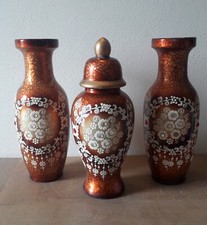 Trittico Set Vasi Cinesi Ceramica Moderni Fiori Perline