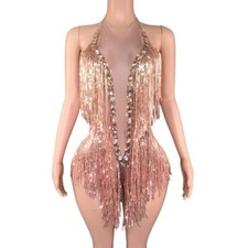 Sparkly Rhinestones Sequins Fringes Leotard Tassel Bodysuit Dance Costume Dancer
