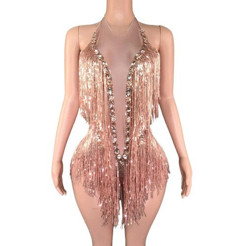 Glitzer Strass Pailletten Fransen Turnanzug Quaste Body Tanz Kostüm Tänzerin - Bild 1 von 29