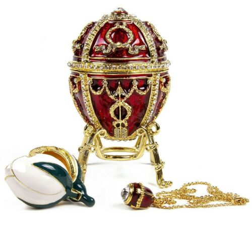 Red Faberge Egg Replika Pudełko na drobinki z pączkiem róży i zawieszką, prezent wielkanocny - Zdjęcie 1 z 12