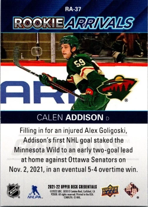 2021-22 Upper Deck Credentials Rookie Arrivals RA-37 Calen Addison Wild RC - Image 2 of 2