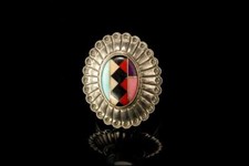 VINTAGE NAVAJO TURQUOISE CORAL ONYX STERLING MOSAIC RING A807-57